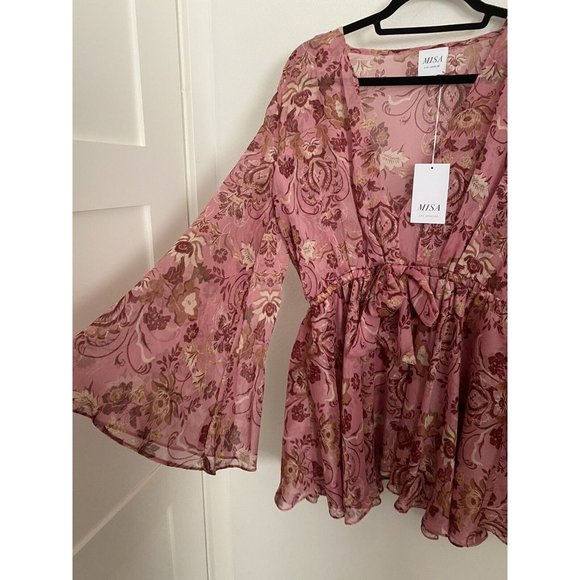 MISA Los Angeles Floral  Cristobol Mirror Pink Ruffle Mini Boho NWT $395 SM - Picture 3 of 8